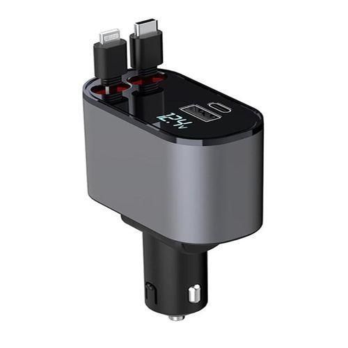 Retractable Car Charger, Fast Car Phone Charger 60W, Charger Cables for iPhone + Type C Charge Cable + USB (A+C) Ports Car Charger Adapter, Compatible with iPhone, Huawei Galaxy S23/ S22/S10