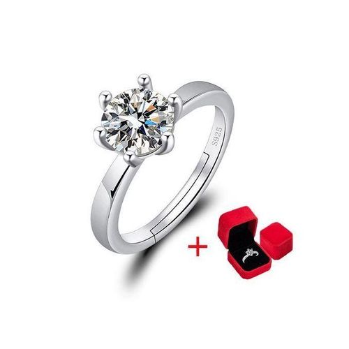 Platinum Plated 925 Sterling Silver 6 Prong Moissanite Diamond Engagement Ring