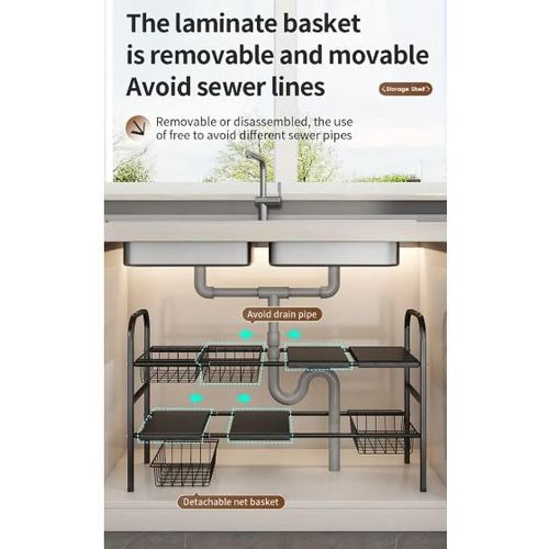 2 layer stainless steel expandable under the sink pool rack adjustable storage organizer for kitchen bathroom cleaning supplies and household essentials, rust resistant multifunctional space saving shelf