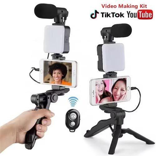 Tripod Phone Holder With Clip & Kit Microphone & LED Light