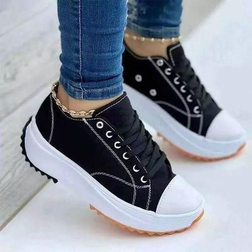 Sneakers Shoes Women Office Commute Daily Shopping Synthetic Platform Height Increasing Non-slip Breathable Canvas Footwear Black