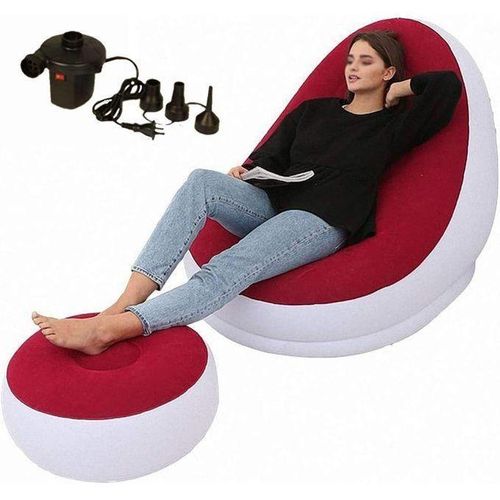Portable Inflatable Lounge Chair with Ottoman Blow Up Chaise Lounge Air Lazy Sofa Set Flocked Couch Portable Inflatable Seats for Lounge Inflatable Deck Chair for Indoor Outdoor With Free Pump