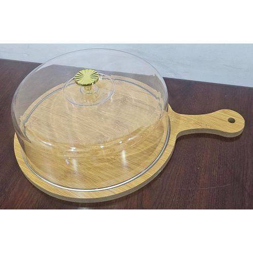 30cm Bamboo Tray With Handle Acrylic Dome Cover For Food Bread Cake Fruits