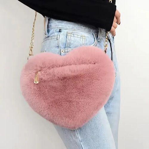 Heart Shaped Fluffy Shoulder Bag - Cute Zipper Crossbody For Valentine's Day
