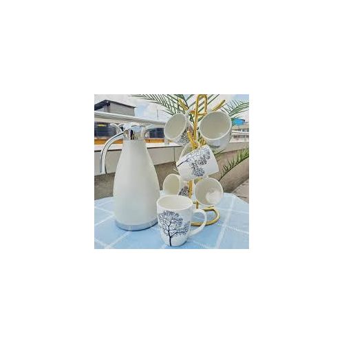 7-Piece Elegant Insulated Flask With Matching Ceramic Tree-Pattern Mug Set
