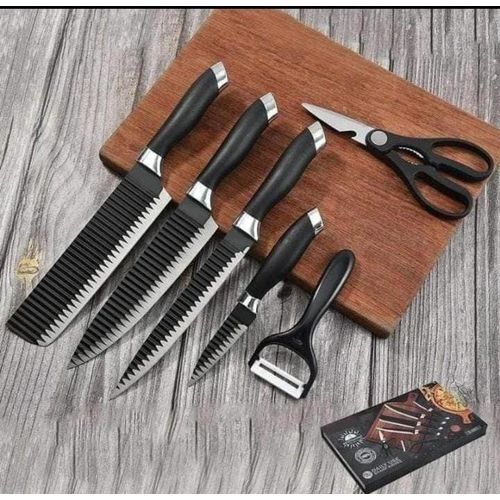 6 Piece Zepter Kitchen Knife Set – Black Non-Stick Stainless Steel Knife Gift Pack with Corrugated Wavy Pattern