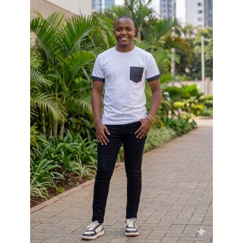 White T-Shirt with Denim Pocket Denim Sleeve Detail