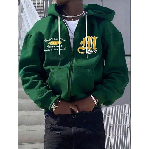 Heavyweight Green Zip-Up Hoodie Vintage Letter Print Fleece Hooded Sweatshirt Casual Streetwear Jacket