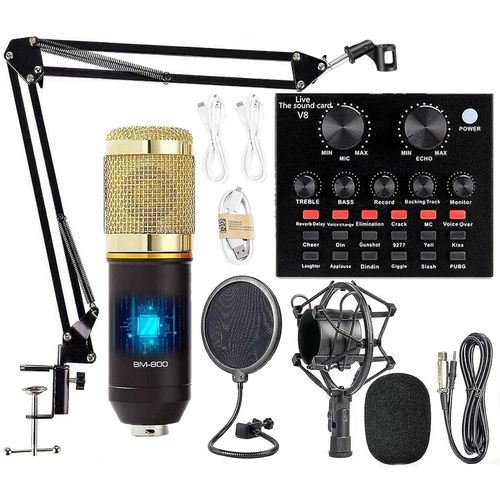 Podcast Equipment Bundle, BM-800 Mic Kit with Live Sound Card, Adjustable Mic Suspension Scissor Arm, Metal Shock Mount and Double-Layer Pop Filter for Studio Recording & Broadcasting