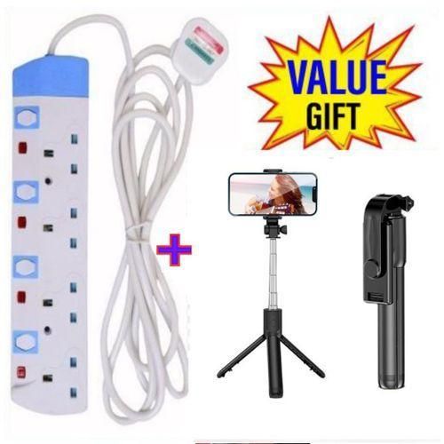 COMMERCIAL & HOME BEST 4-WAY POWER EXTENSION WITH LONG CABLE +FREE TRIPOD STAND SELFIE STICK