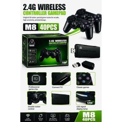 M8 4K Retro Game Stick console set 2.4G wireless controller gamepad with 3D rocker design, specialized arcade-style buttons, high sensitivity, and an antiskid surface