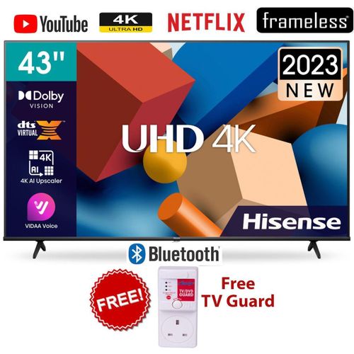 43A6K 43' Inch- Smart & Digital TV, ULTRA HD 4K HDR Frameless TV,NETFLIX/YOUTUBE+TV GUARD