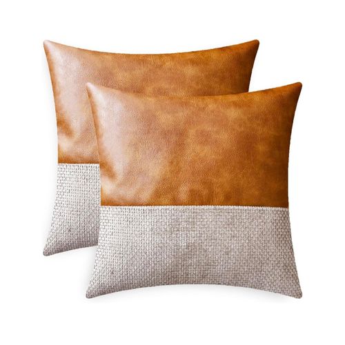 Throw Pillow Covers Pack of 2 Soft Faux Leather Solid Dyed Cross Chenille Cushion Cases for Couch Sofa Home Decoration 18 X 18 Inches Taupe