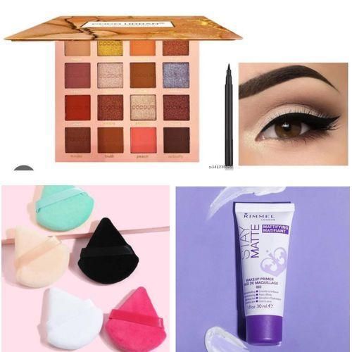 Makeup powder puff, Eyeliner pen, Eyeshadow palette, rimmel primer