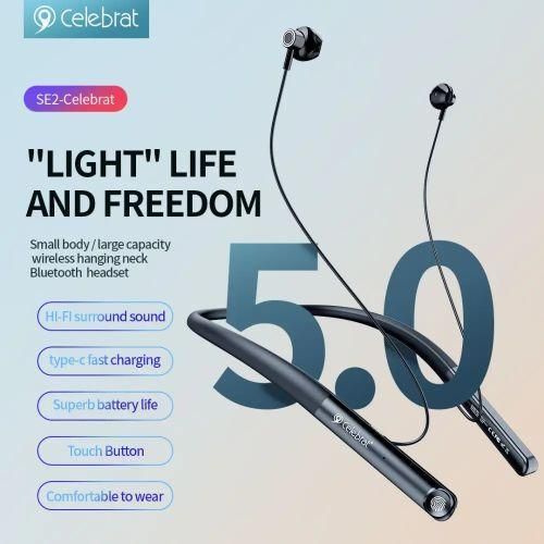 Celebrat SE2 Neckband Headphones 20H MUSIC TIME Bluetooth 50 Earphones with Mic Magnetic Sport Headset Support Touch Control Voice Assistants - BLACK