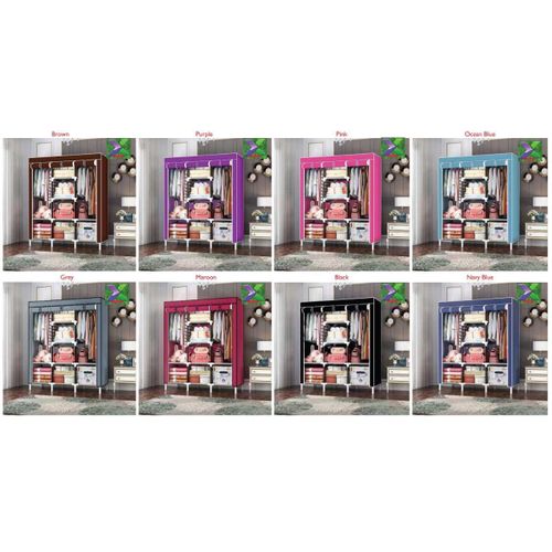 Portable Wooden Wardrobe Closet Three Column – Large Fabric Storage Cabinet