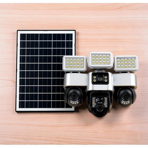 Remote Access 360 Wide Coverage PIR Human Detection Waterproof Design 4G Triple Lens Solar Camera with Solar Flood Lights