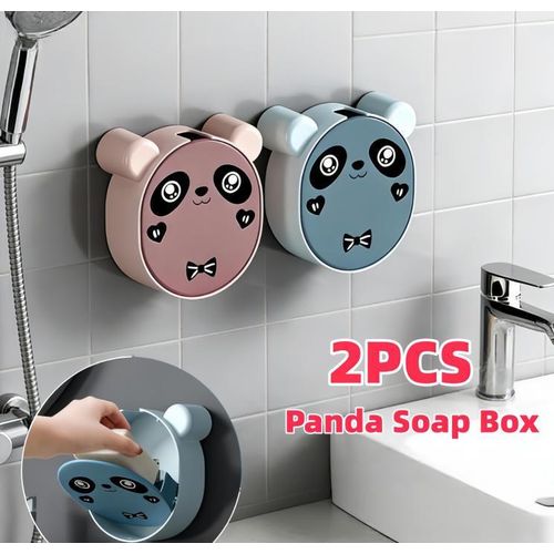 2PCS Wall-Mounted Cartoon Panda Soap Box with Lid Light Luxury Soap Holder Punch-Free Soap Box Drain Laundry Soap Box For Bathroom Kitchen
