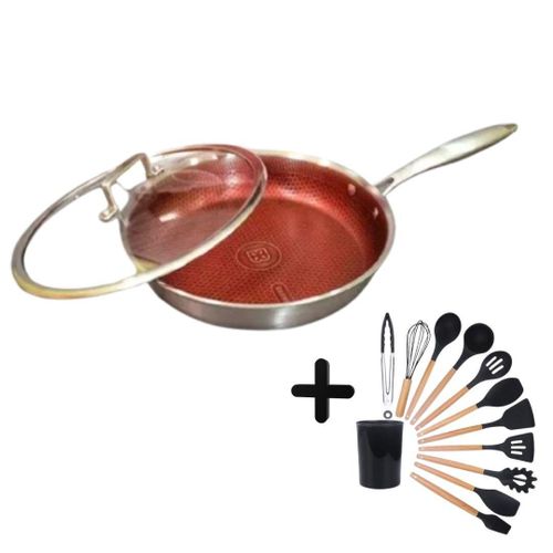 28cm Stainless and Non-stick Frying Pan with Lid Plus 12PCs Non-stick Silicone Spoon Set
