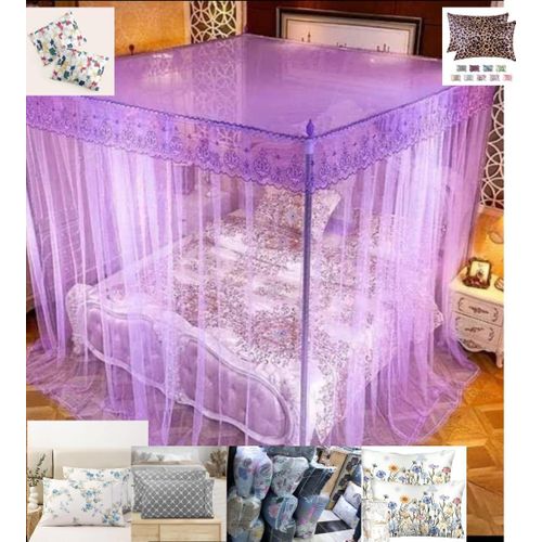 Purple 5*6 4 Stand Mosquito Net Free 2 Comfortable Bed Pillows – Strong Mesh – Easy Install Assorted colors Pillow color may vary