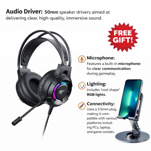 RGB Gaming Headset with Mic High Quality Sound Soft Ear CushionsFree Phone Holder