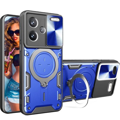 Premium Rotating Ring Kickstand Case for Redmi Note 13 Pro Plus – Heavy-Duty Armor Cover with Camera Slide Protection (Blue)