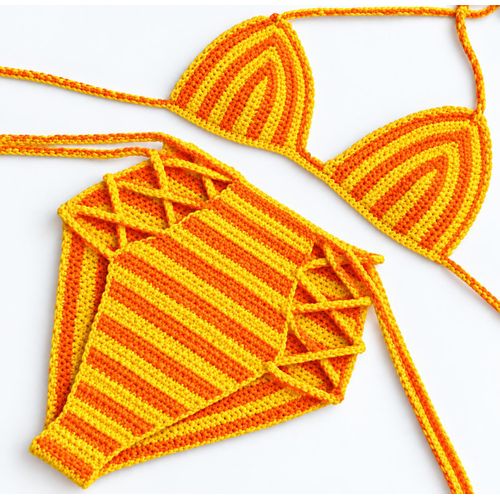 Acrylic Yellow and Orange Crochet Bikini Set for Women – Two-Piece Swimsuit with Tie Straps