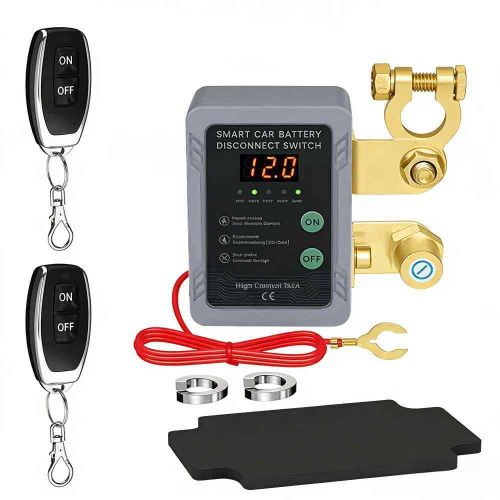 Wireless remote control car battery switch with LED indicator, 12V voltage indicator and automatic power-off switch, suitable for cars, campervans, trucks, boats, etc.