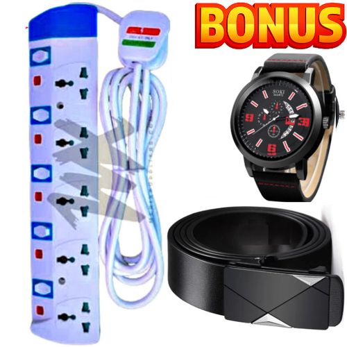 >5 WAY ELECTRICAL POWER CORD EXTEINSION With Safety Switches + EXTRA BONUS MEN'S LUXURY WATCH & BRACELETS & AUTOMATIC BUCKLE LEATHER BELT Safety Switches + EXTRA BONUS MEN'S LUXURY WATCH & BRACELETS & AUTOMATIC BUCKLE LEATHER BELT