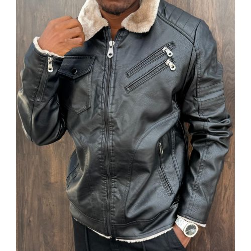 Men Winter Thick Warm Fleece Biker Style Leather Jacket