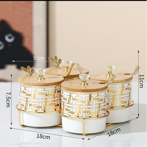 4 pcs ceramic canister set with gold stand and bamboo lid