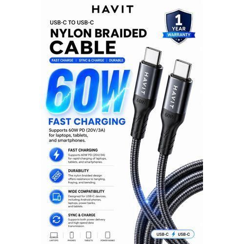 60W Thunderbolt USB-C to USB-C Fast Charging Nylon Braided Cable – PD Rapid Charge & High-Speed Data Sync – Durable Type-C Cable for Phones, Tablets & Laptops,Black,(1 Year Warranty)
