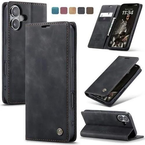 Caseme Wallet Black Retro Leather Flip All-Round Protection Cover Case For iPhone 16 Plus