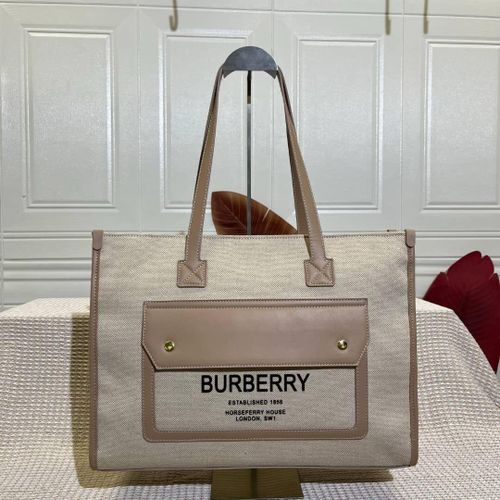 Stylish Burberry Canvas Tote Bag with Leather Trim Black Brown