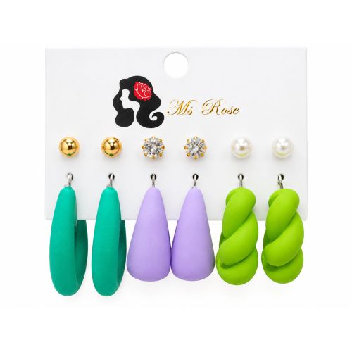 6 Pairs Mixed Earring Set - Matte Teal, Purple Teardrops, Neon Green Twisted Hoops, and Assorted Studs Multipack