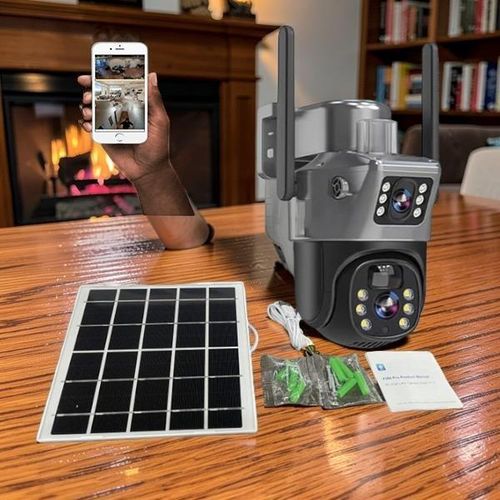 Weatherproof Housing Pir Sensor Alarm Flashing Alarm Warning Lights Remote Pan And Tilt Control V380 Pro App 12MP 4G PTZ Rotating Dual Lens Full-Color 24/7 Colored Night Vision Outdoor Security Solar Camera