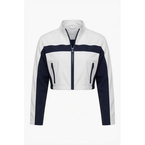cropped track jacket white and navy blue
