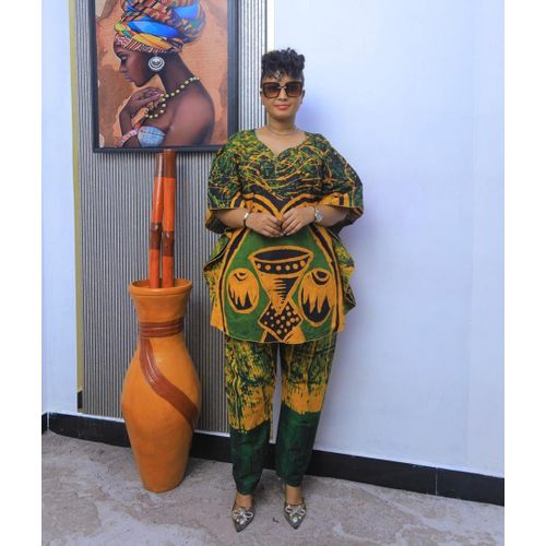 Women's 2-Piece Kaftan Set - Butterfly Top & Matching Trousers - Forest Green & Ochre