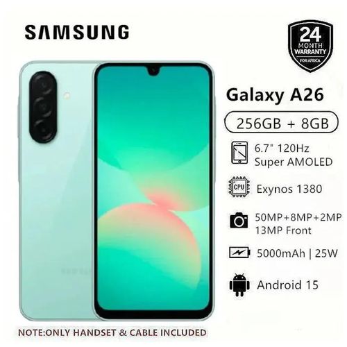 Galaxy A26 5G 256GB Storage 8GB RAM 67 120Hz Super AMOLED Display 50MP Triple Camera Android 15 Exynos 1380 IP67 Dust Water Resistant 5000mAh Battery 25W Type-C Fast Charging Premium Performance Smartphone - Mint