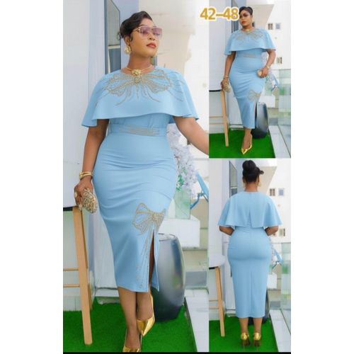 BLUE Butterfly Overflowing Collar Bosslady Multi Color Bottom Women's Official Midi Slit Body Hugging Dress