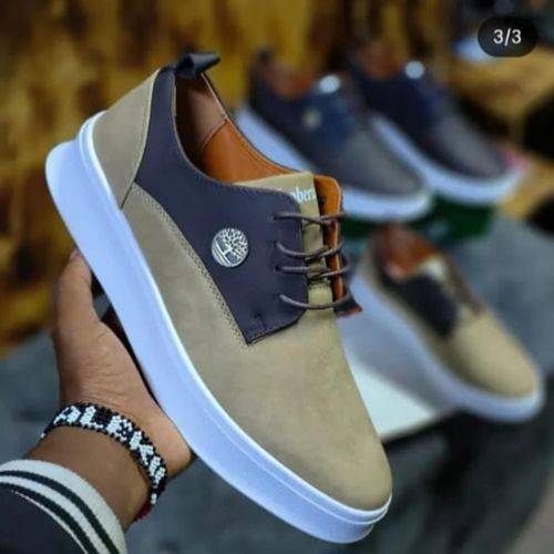 Men's Heritage Hybrid Court Shoes - Tan & Navy Blue - Smart Casual Sneakers - Thick White Platform Sole - Size 40-45