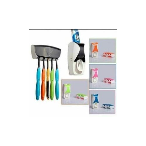 Automatic Toothpaste Dispenser & Wall-Mounted 5-Piece Toothbrush Holder Set – Hands-Free Toothpaste Squeezer for Bathroom