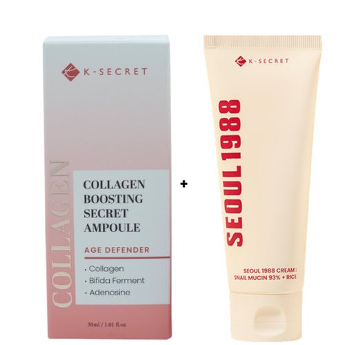 Collagen Boosting Secret Ampoule Serum Seoul 1988 Cream with Snail Mucin 93 Rice Moisturizes Brightens Soothes Acne Redness Irritation Promote collagen Production Smooths Softens Firms Clears Pigmentations Wrinkles Is anti-Aging