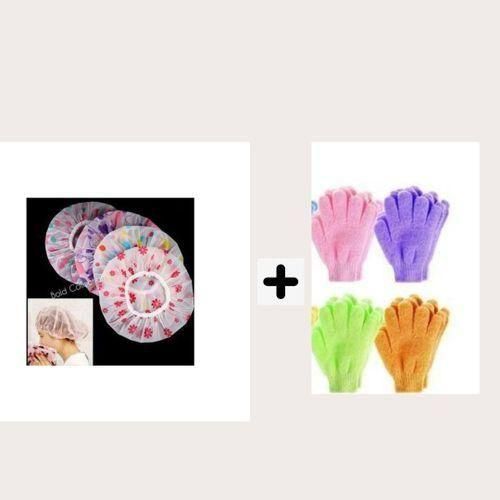 Fashion 4Pcs Gorgeous Waterproof Ladies Shower Caps + 4 Shower Glovers