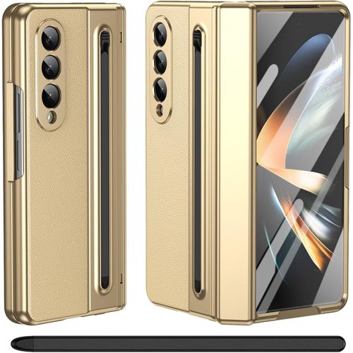 Luxury Foldino Leather Case for Galaxy Z Fold 4 with S Pen Slot, Hinge, Camera and Front Screen Safety - Gold Business Class Premium PU Cover