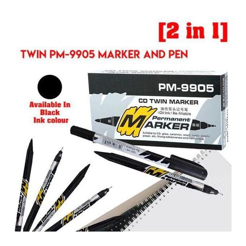 12 Pcs PM-9905 2 In 1 CD Twin Permanent Marker And Pen Both Side Black Colour