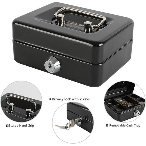 Cash box with slot, small money box with coin tray and key lock - Black