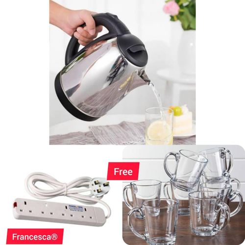 Electric Kettle + 4-Way Extension Socket + 6PCS Clear Coffee Glasses – Home & Kitchen Bundle