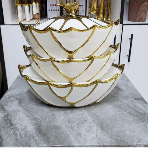 Luxury 3-Piece Boat Shaped Serving Bowls Set with Lids - White & Gold, Oval Casserole Dishes for Serving, 2L, 3L & 4L Capacity