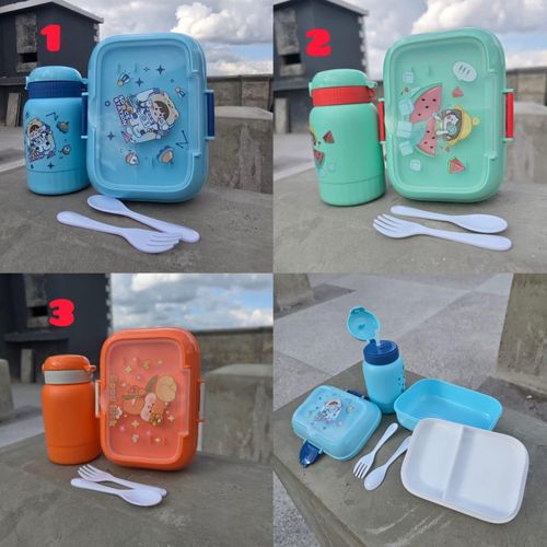 Rectangular Cartoon Themed Kids Lunch Pack – Dish, Water Bottle & Cutlery Set